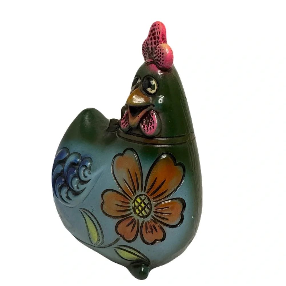 Chicken Feed Vintage Funky Whimsical Hen Chicken Coin Bank Bow Flowers 6.5” Tall - Picture 3 of 12